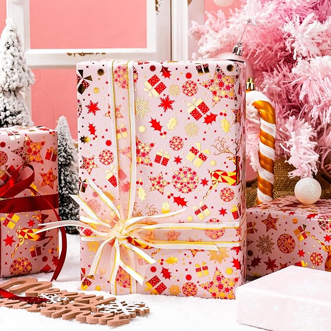 Yarcony Pink Christmas Gift Wrapping Paper, Reindeer Wrapping Paper, Elegant Vintage Pink and Gold Deer Girls Holiday Gift Wrap with Metallic Shine for Christmas Presents, Party (17Inch x 33Feet)