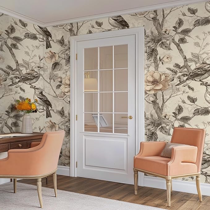 Vintage Animal Peel and Stick Contact Paper Beige Bird Removable Botanical Leaf Tree Wallpaper 17.7" x 236.22" Wall Paper Watercolor Self Adhesive for Classroom Bedroom Laundry Room Bathroom