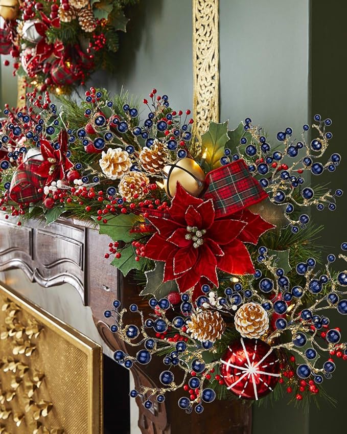 Hollyone 4 Pack Artificial Christmas Glitter Berries Stems, 19 Inch Fake Blue Holly Berry Picks with Ice Snow for Christmas Tree Wreath Floral Arrangements Holiday Home Vase DIY Crafts Decor