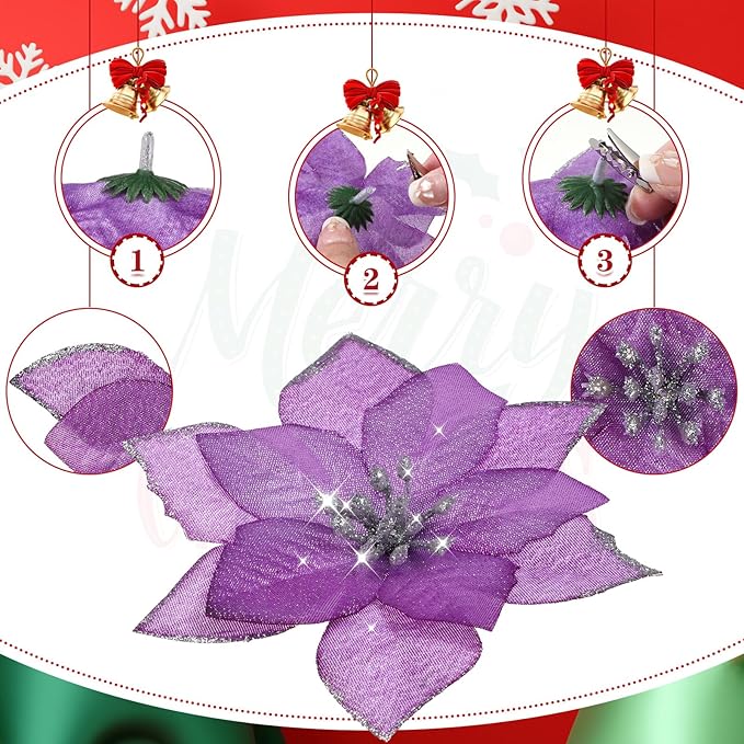 WILLBOND 24 Pcs 3 Size Poinsettia Flower Artificial Christmas Decor Glitter Poinsettia Christmas Ornaments Faux Flowers for Xmas Tree Outdoor(3.2/4/6 Inches,Purple)