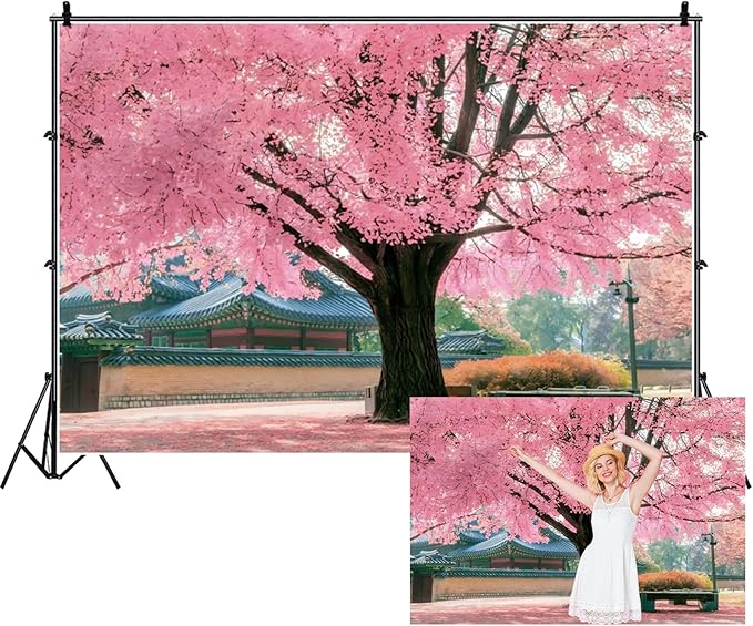 Renaiss 9x6ft Pink Cherry Blossom Backdrop Polyester Fabric Japan Cherry Floral Tree Landscape Palace Asian Themed Party Photography Background Wedding Birthday Party Decor Photo Booth Props