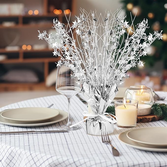 Crowye 3 Pieces Metallic Foil Spray Centerpiece Christmas Party Star Table Decoration Burst Centerpieces Fall Table Decor for Birthday New Year 2026 Party Holiday(Silver)