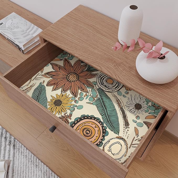 Boho Wallpaper Peel and Stick,Retro Floral Contact Paper 17.5" x 393.7", Vintage Botanical Flowers Wall Paper Self Adhesive Removable Waterproof for Walls Shelves Cabinet Table (Beige,Brown, Blue)