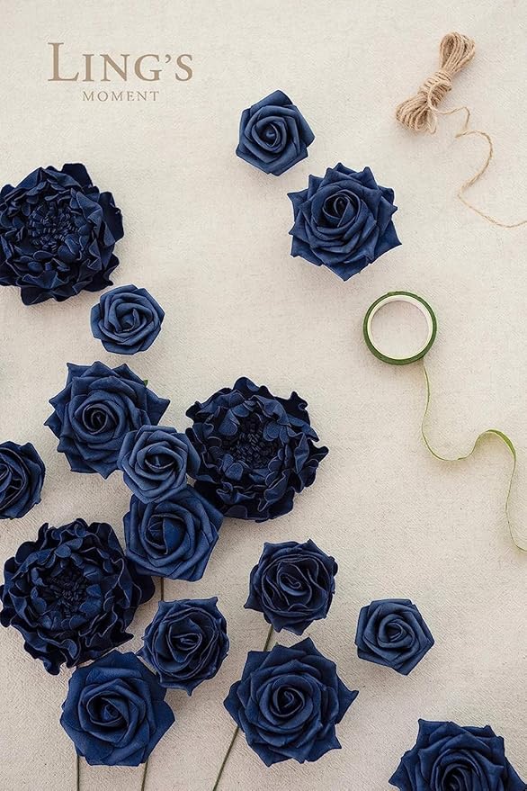 Ling's moment Flowers 16pcs Navy Blue Blooming Peonies Artificial Flowers with Stem, Artificial Peony Flowers for DIY Wedding Decorations Centerpieces Bouquets Boutonnieres