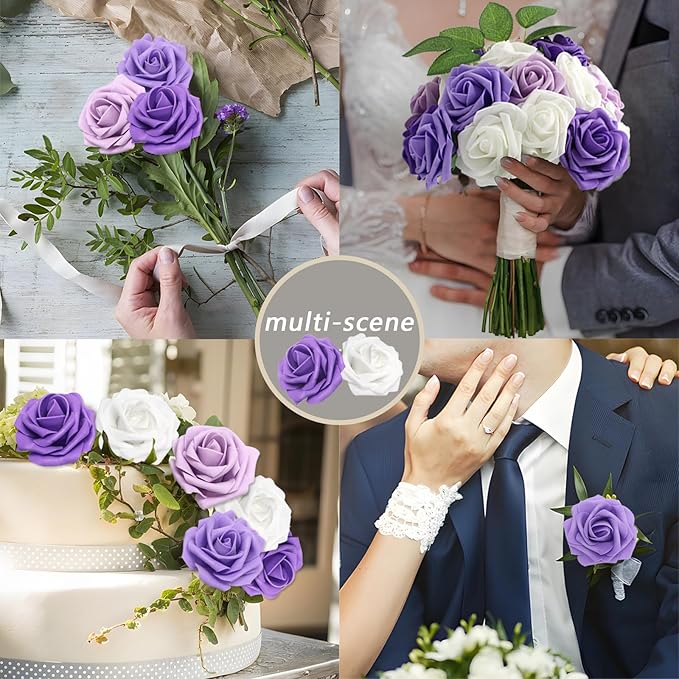 Artificial Flowers 50PCS Purple Roses Real Looking Foam Fake Roses with Leaves and for DIY Wedding Bouquets Bridal Shower Centerpieces Party Decorations (Purple Series, 50)