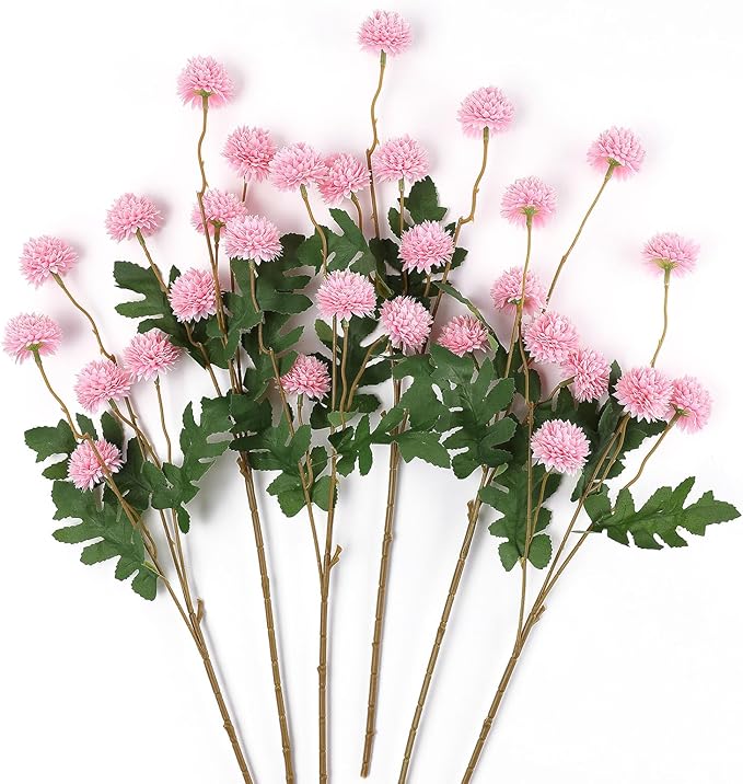 mizii 6Pcs Pink Fake Silk Pompon Mum Artificial Flowers Bulk Small Faux Chrysanthemums with Stems Realistic Floral Decorations for Wedding DIY Bouquet Centerpieces Shower Vase Home Decor (Pink)