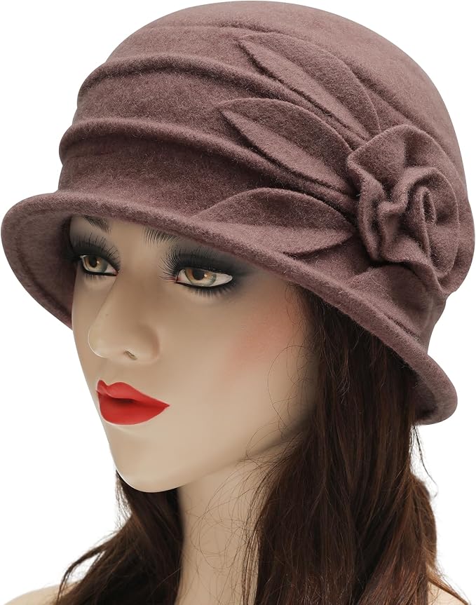 ZLYC Women Wool Cloche Bucket Hat 1920s Vintage Dress Winter Hats with Flower Accent