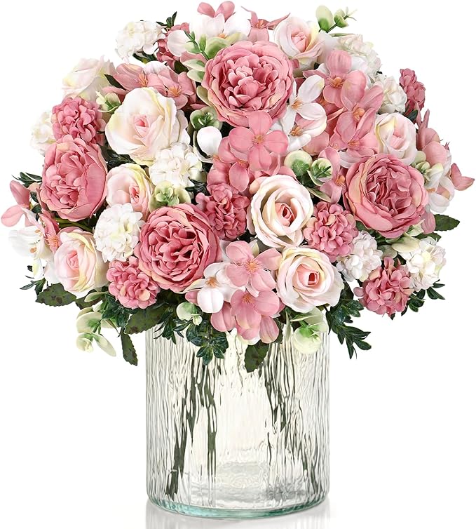 2 Bundles Pink Peonies Artificial Flowers Silk Flower Centerpieces for Tables Fake Flower Arrangements Bouquets Mixed Roses Hydrangea with Stems for Wedding Bridal Bouquets Home Table Decor