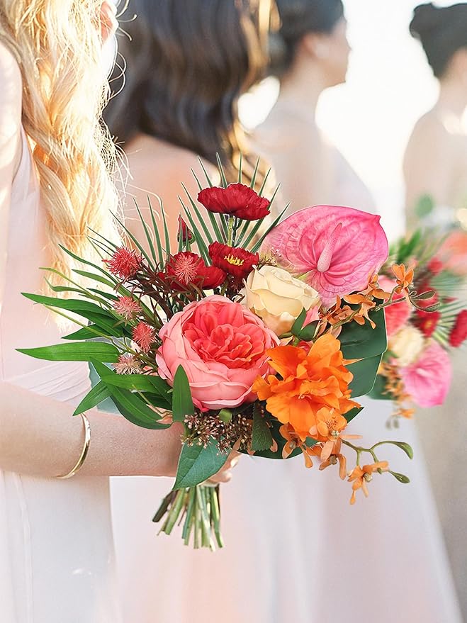 Rinlong 1Pc Tropical Flowers Wedding Bouquets for Bridesmaids Bride Orange Pink Bridesmaid Bridal Bouquet for Beach Wedding Prom