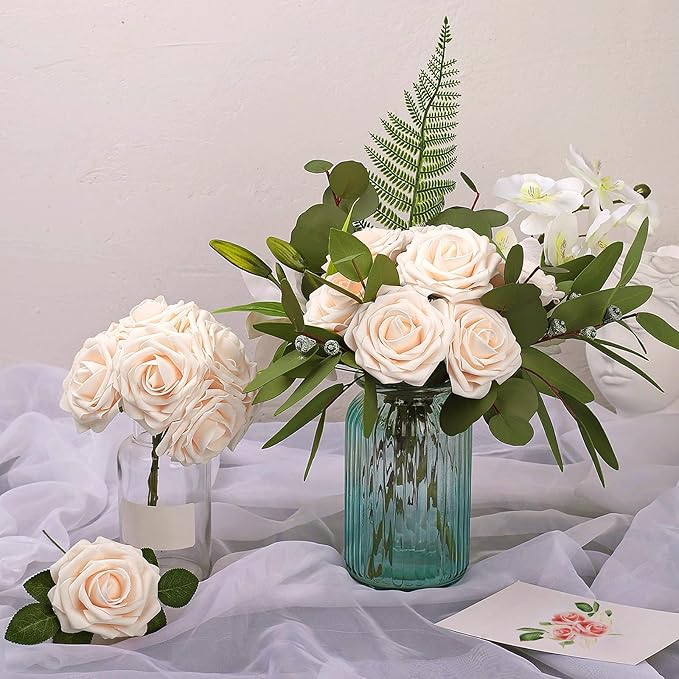 AmyHomie Artificial Flower Champagne Rose 25pcs Real Looking Fake Roses w/Stem for DIY Wedding Bouquets Centerpieces Arrangements Party Baby Shower Valentines Day Christmas Tree Decorations