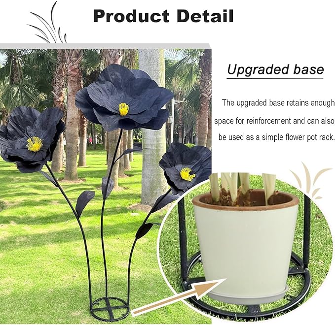 5.9 Ft Large Paper Artificial Flowers,Giant Flowers for Decoration,Standing Huge Handcrafted Poppy Flowers for Garden,Hotel,Office,Photography Props,Wedding,Art Gallery,Shop Window Display(Black)