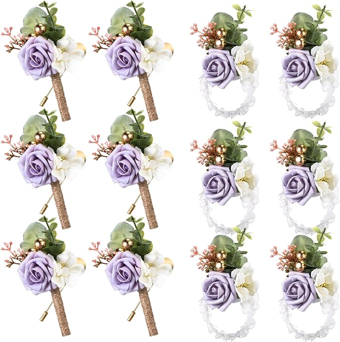 12 Pcs Wedding Wrist Corsage and Boutonniere Set Rose Wrist Corsage for Prom Boutonniere for Men Wedding Flowers Accessories Prom Suit Decorations for Wedding Ceremony (Light Purple)