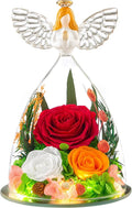 Gifts for Women Forever Flowers Preserved Rose in Glass Angel Figurine Real Colorful Roses Birthday Gifts for Her Grandma Sister Daughter Wife, Red