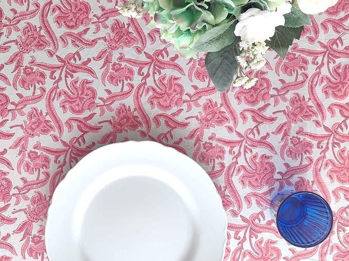 ATOSII Red Bloom 100% Cotton Tablecloth, Handblock Print Square Table Cover for Kitchen Dining I Tabletop Linen I Parties, Wedding, Spring SummerTable Cloth 60 X 60 Inches