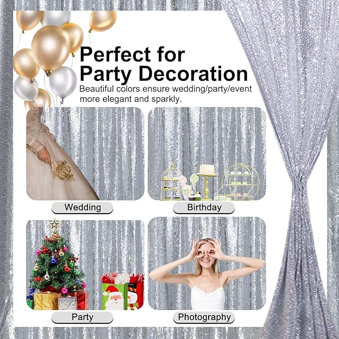 Sequin Backdrop Curtains 2FTx8FT 4 Panels Glitter Drapes Sparkly Photography Background for Wedding Birthday Party Bridal Baby Shower (Silver x 2+Black x 2)