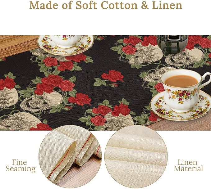 Gothic Table Runner,Red Rose Skull Print Table Runner for Home Kitchen Table Dining Garden Farmhouse Wedding Party Decor 13x60 Inch