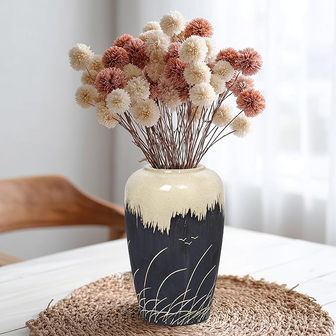Black and White Vase, 8 Inch Modern Ceramic Vase for Pampas Grass, Farmhouse Decorative Vases for Home Decor, Centerpiece for Kitchen Table, Living Room Shelf Decor