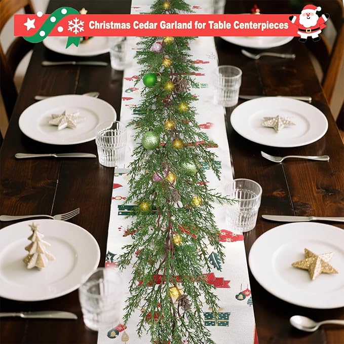 Artgar Christmas Cedar Garland, 6 Ft Realistic Pine Garland, Prelit Christmas Garland with 30 Warm Lights with 8 Light Modes for Mantels Stair Table Indoor Outdoor Winter Xmas Decor (Green)