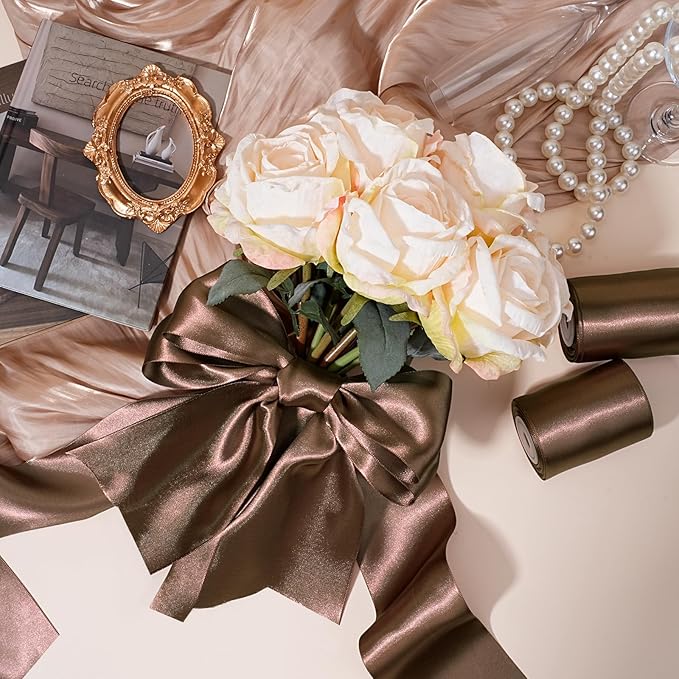 LaRibbons Brown Satin Ribbon 3 Inch 10 Yards Double Faced Luxury Mocha Silk Ribbon for Gift Wrapping Flower Bouquets Bow Christmas Wedding Party Decoration