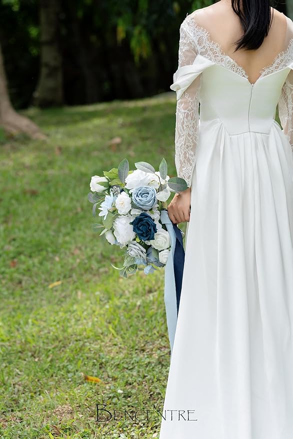 14 Inch Navy Blue Bridal Bouquet,Dusty Blue Wedding Bouquet,Bride Bouquets for Wedding Ceremony Anniversary, Party and French Rustic Vintage Wedding,Artificial Flowers…
