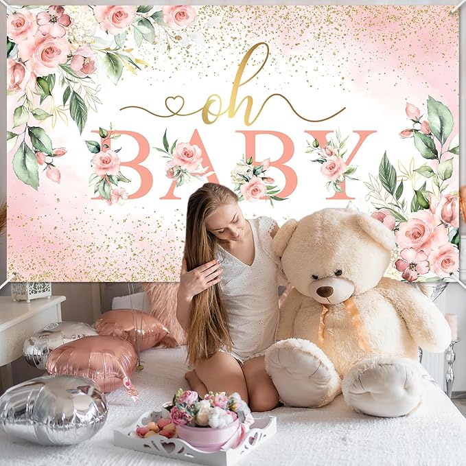 Mocsicka Oh Baby Backdrop Banner Girl Baby Shower Background Pink Floral Oh Baby Baby Shower Party Decorations Photo Booth Props (Pink, 6x3.6ft)