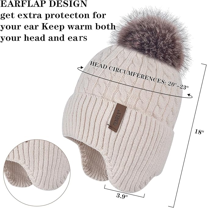 FENELY Women's Knitted Warm Beanie Winter Hat, Warm Chunky Snow Hat with Pompom
