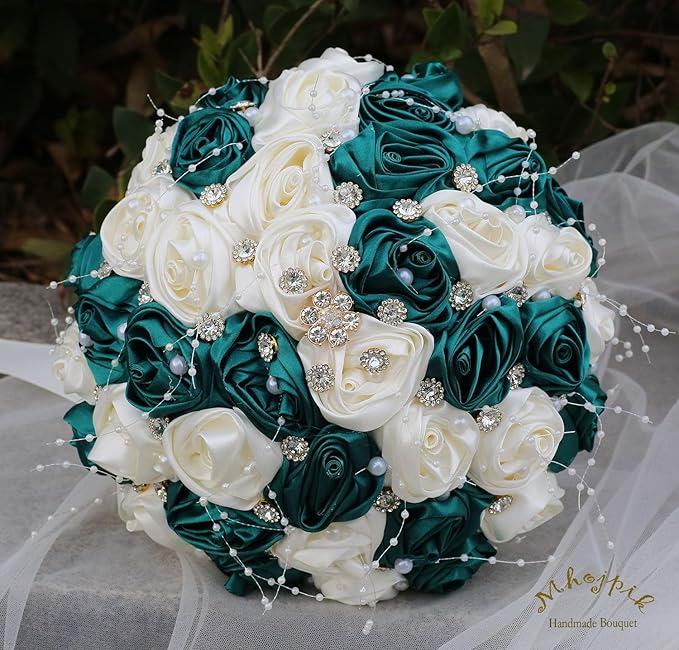 Bridal Wedding Bouquet Round Bling Brooch Bouquet Throw Toss Artificial Rose Flower Bunch for Bride Bridesmaid Wedding Quinceanera(Dark Green & Ivory, 9.8")