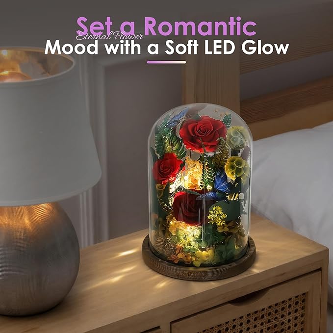 NOVEINN Preserved Flowers in Glass Dome - Eternal Rose Arrangement with Real Preserved Plants, Romantic Forever Rose Gift for Women - Anniversary, Birthday, Mother’s Day, Home Decor(Red)