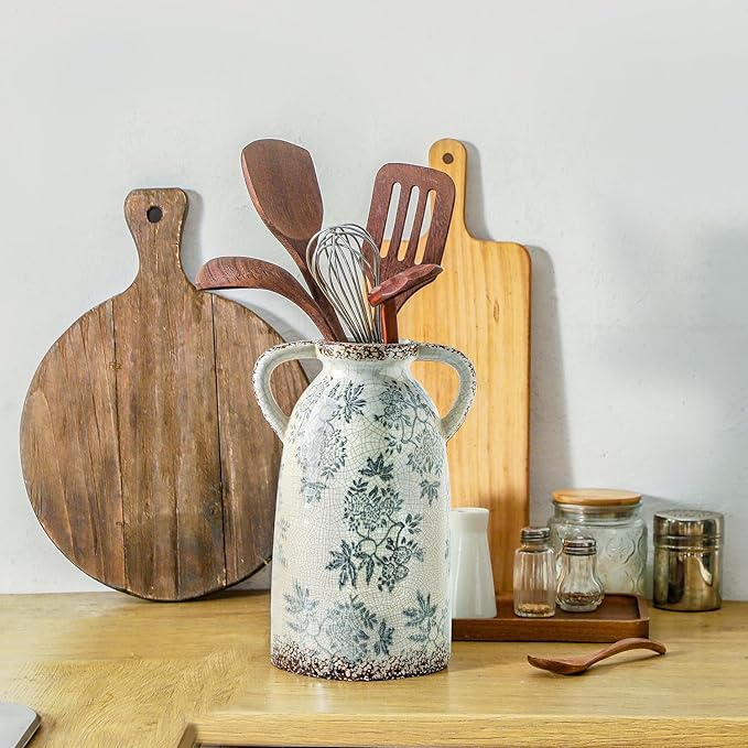 Enra Tall Vintage Blue and White Ceramic Vase with Handle, 11.2 Inch Chinoiserie Decorative Floral Vase, Large Rustic Ceramic Vase for Living Room, Office, Bookshelf, Home Decor
