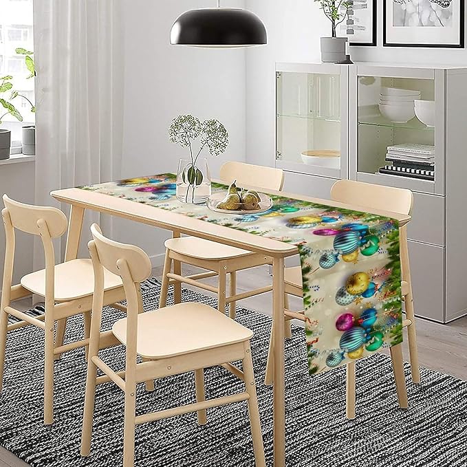Christmas Table Runner,Colorful Balls Xmas Tree Snowflake Pattern Print Tablecloth Burlap for Hotel Indoors Outdoor Dining Room Kitchen Home Decor,W13X L70 in