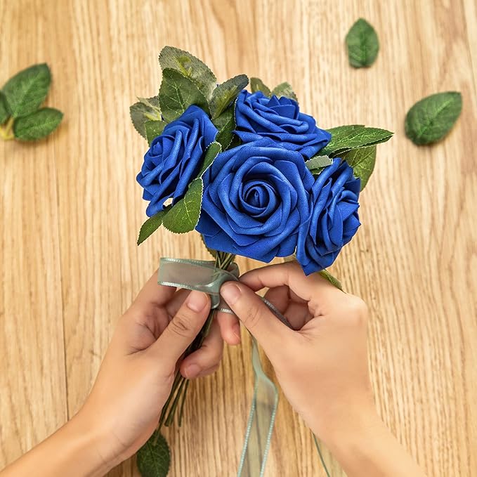 Royal Blue Rose 50pcs Foam Rose Real Looking Fake Rose with Stems Leaves for Home Decoration Party Garden Centerpieces DIY Wedding Bouquets（Royal Blue）