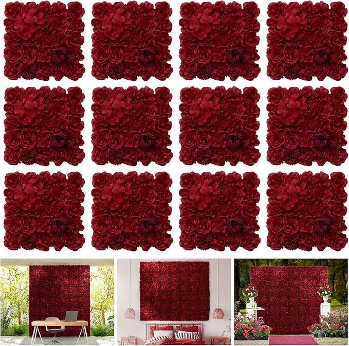 Flower Wall Panel 12 pcs 16.5x16.5 Inch Floral Wall Backdrop Artificial Silk Rose Wall Decor Ideal for Wedding Celebrations, Festive Party Backdrops, and Home Decor-Maroon