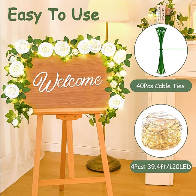 4 Pcs Flower Garland with 39.2 Ft Lights, 26.4 Ft White Floral Garland Fake Flowers for Wedding Arch Party Wall Garden Room Decor