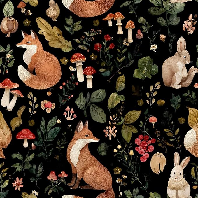 Vintage Fox Rabbit Mushroom Peel and Stick Wallpaper Removable Whimsical Botanical Leaf 17.7" x 236.22" Wall Paper Watercolor Self Adhesive Contact Paper for Classroom Bedroom laundry room bathroom