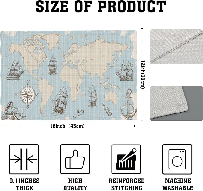 Vintage World Map Placemats Set of 4, Placemats for Dining Table,Heat Resistant Stain Resistant Wipeable Table Mats for Kitchen Dining Holiday Party Home Decor,12x18 Inch