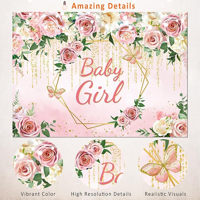 Pink Floral Baby Girl Baby Shower Backdrop Banner Party Decorations,Blush Rose Flower Its Girl Backdrops Banner Photography Background for Princess Baby Shower Party Photo Booth Supplies 7x5ft