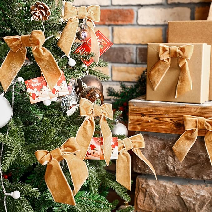 30 Pcs Velvet Ribbon Bows 5" x 4" Pre Tied Christmas Velvet Bows with Twist Tie for Gift Packaging Christmas Tree Wreaths Door Windows Wedding Party Decoration (Golden Brown)