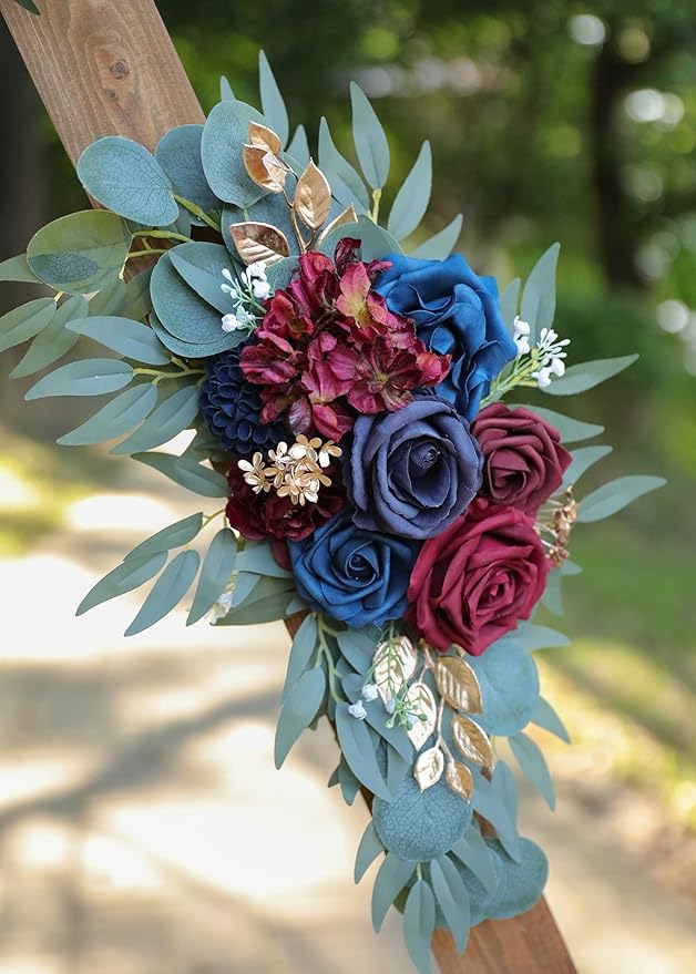 Artificial Navy Blue Wedding Arch Flower Swags Set of 2 for Wedding Welcome Signs Floral and Wedding Reception Ceremony Decorations, Burgundy Wedding Flowers Decor