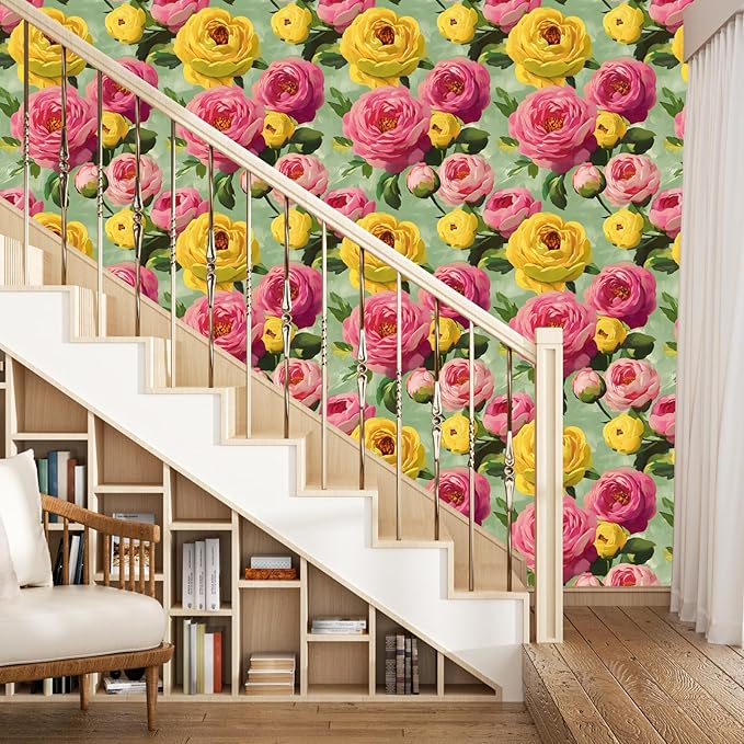 Colorful Floral Wallpaper Stick and Peel Vibrant Wall Paper Modern Boho Flowers Contact Paper for Bedroom Bathroom Yellow Pink Green Removable Renter Friendly 17.5 x 118In