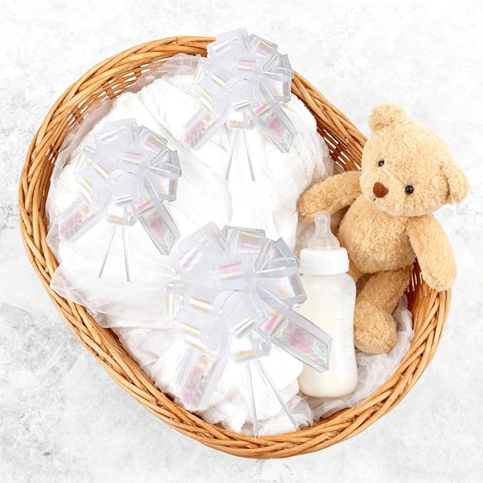10-Pack Pearl White Pull Bows for Gift Wrapping - 6 Inch Reusable Ribbon Bows, Large Instant Floral Decor Bows for Wedding, Christmas, Birthday Decor, Gift Basket & Party Decorations