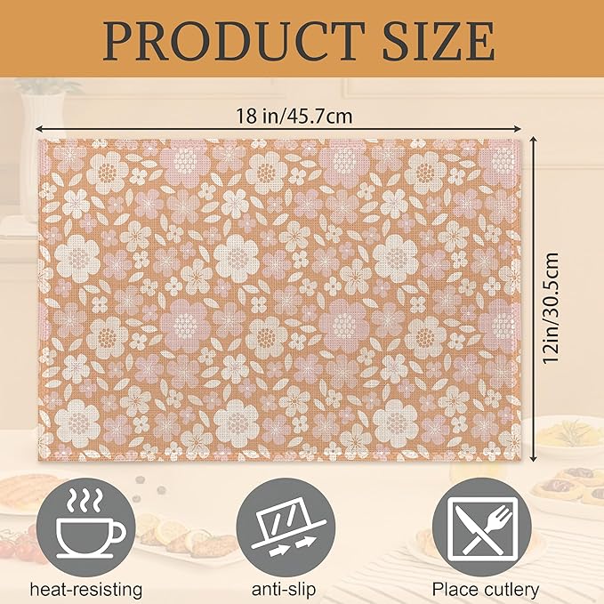 Spring Summer Flower Placemats Set of 6,Washable Heat Resistant 12×18 Inch Linen Table Mats Cute Floral Place Mats for Party Outdoor Dining Décor