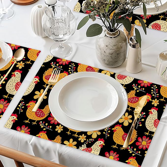 Cute Roosters Placemat Set of 6,Flower Heat Resistant Linen Table Mats for Indoor Outdoor Home Kitchen Dining Room Table 12x18Inch