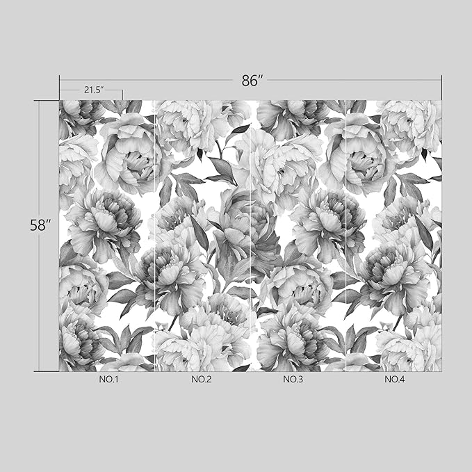 Grey Peony Floral Wallpaper Peel and Stick Wall Mural for Bedroom Living Room - 58"x86"