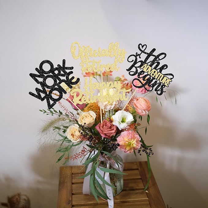 Ephlyn 16Pcs Happy Retirement Centerpiece Sticks Officially Retired Table Flower Centerpieces Sticks No Work Zone Floral Decorations for Farewell Birthday Party Centerpieces Supplies Black Gold