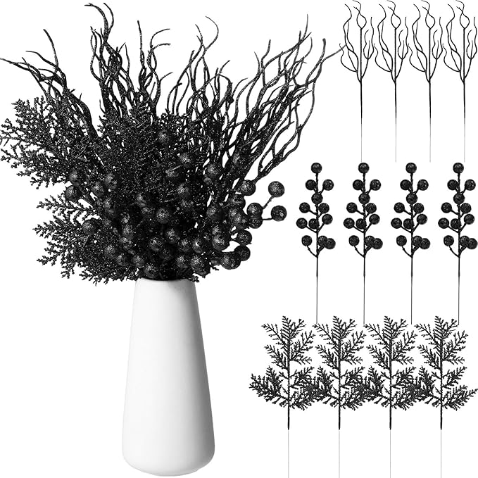 75 Pcs Christmas Glitter Branches 3 Styles Artificial Christmas Picks Berries Stems Pine Needles Floral Twig Spray for Xmas Tree Ornaments DIY Wreath Garland(Black)