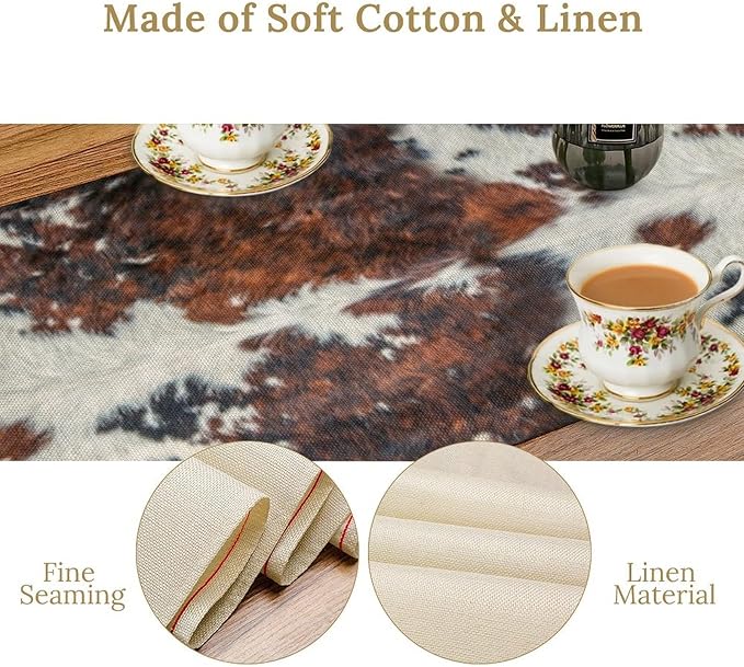 Cow Print Table Runner, Brown Cowhide Print Western Style Table Runner Country Farmhouse Cottage Cow Patten Table Decoration for Home Kitchen Dining, 13x120 in