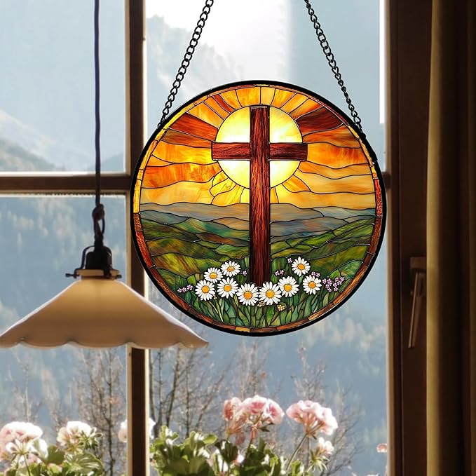Christian Gifts for Women - Cross Stained Glass Window Hanging Easter Daisy Natural Landscape Sun Catcher Garden Religion Decor Mother's Day Catholic Gift for Men Grandma Mom Her Nana 9.8"