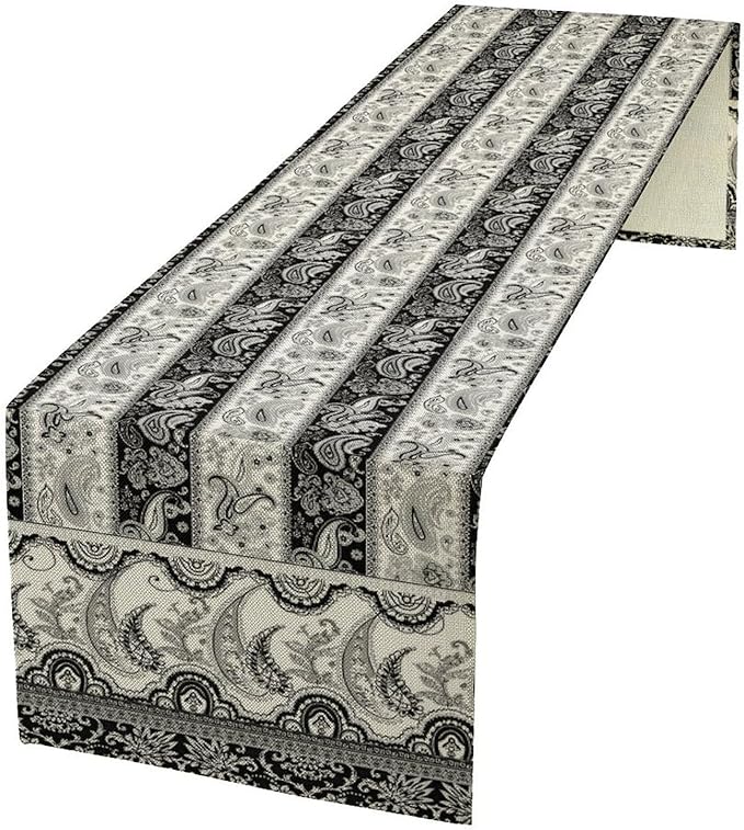 Vintage Bohemian Table Runner, Striped Black Grey Paisley Flower Boho Table Runner for Kitchen Dining Holiday Home Party, 13x70 Inch