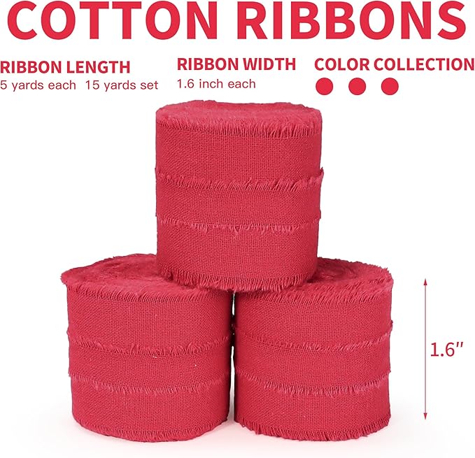 Red Christmas Ribbon 1-1/2 x 15 Yards Handmade Cotton Frayed Fringe Fabric Ribbons for Crafts Flower Bouquets Wedding Baby Shower Home DIY Decor