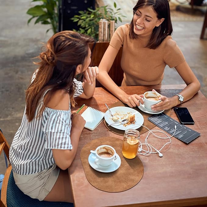 ADRIMER Placemats, Heat Resistant Oval Placemats Set of 8 Washable 12 x 17 Inch, Waterproof Table Mats, Wipeable Pu Place Mats for Kitchen, Dining Room, Sandy Light Brown